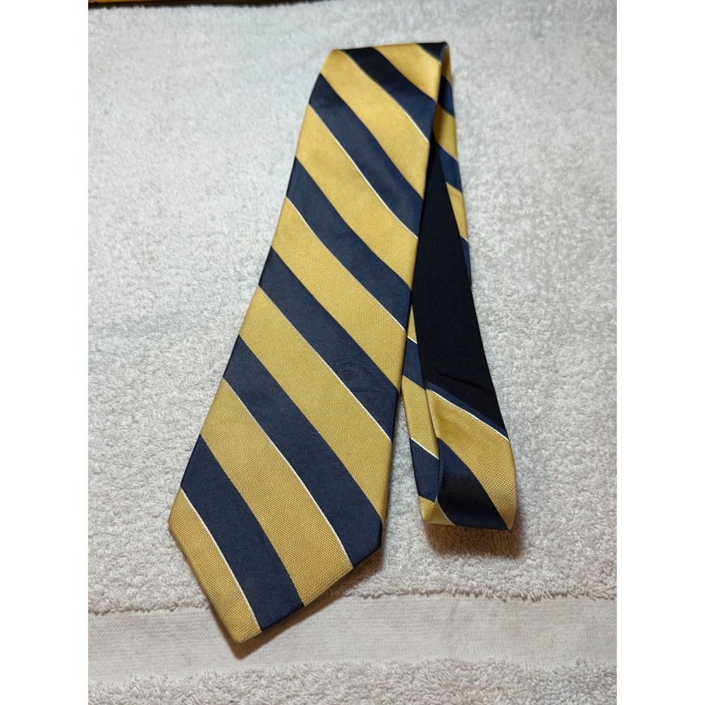 Tommy Hilfiger Mens Silk Tie Navy Blue Gold Yellow Striped Classic Prep Crest